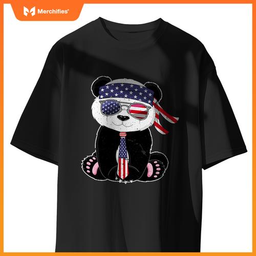 Patriotic panda bear sunglasses headband necktie us flag T-Shirt