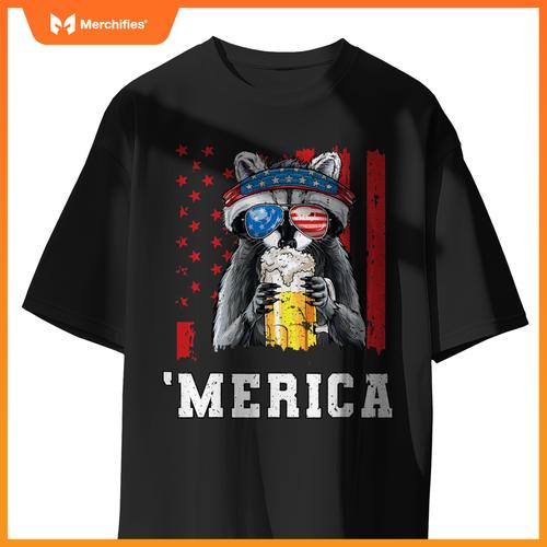 Patriotic raccoon merica usa flag drinking team 4th of july T-Shirt