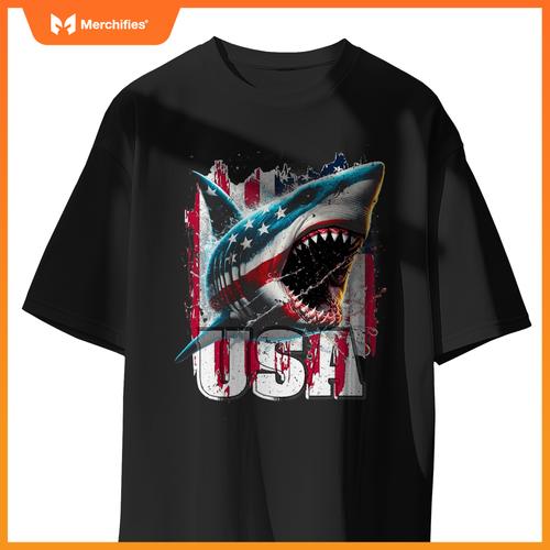 Patriotic shark american flag 4th of july humor new T-Shirt