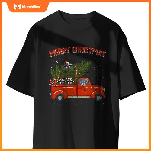 Raccoon Xmas  Red Pickup Truck T-Shirt
