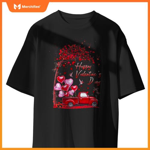 Red Truck Happy Valentines Day Cute Couple Matching T-Shirt