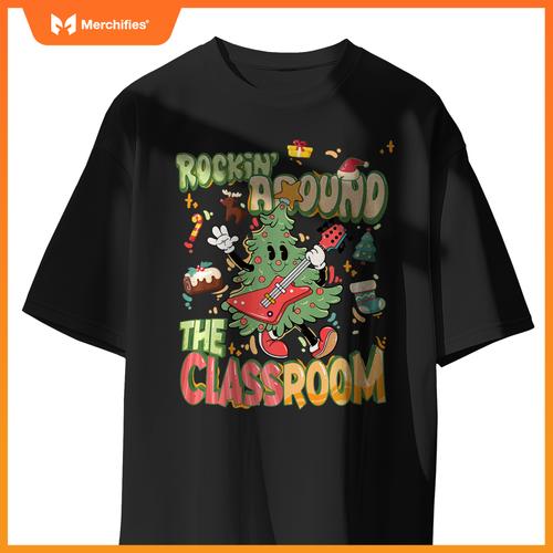 Rocking around classroom teacher christmas tree with guitar premium