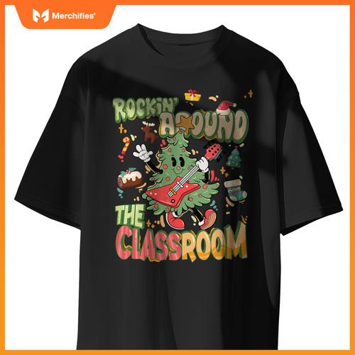 Rocking around classroom teacher christmas tree with guitar