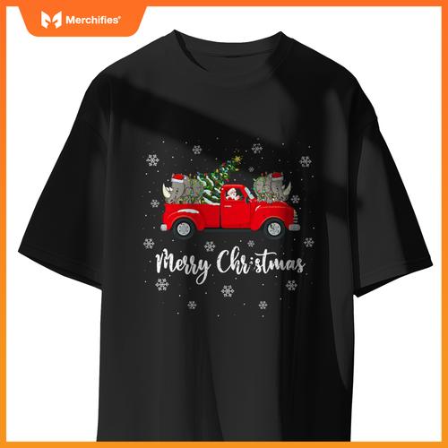 Santa Riding Christmas Tree Truck Rhino Christmas T-Shirt