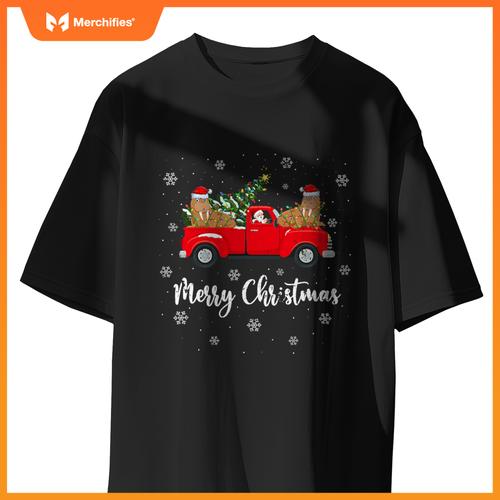 Santa Riding Christmas Tree Truck Walrus Christmas T-Shirt
