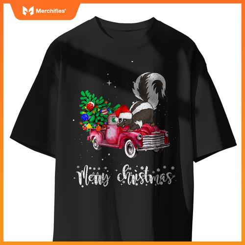 Skunk Christmas Ride Red Truck T-Shirt