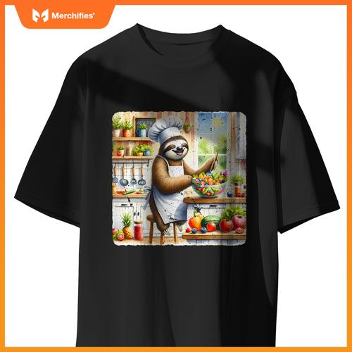 Sloth Cooks Lively Salad Chef Hat Apron Colorful Kitchen T-Shirt