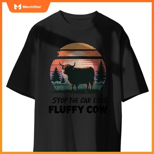 Stop  Car See Fluffy Cow Highland Cow Farm Sunset Nature T-Shirt