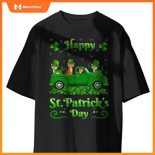 Tiger Riding Green Truck  Tiger St Patricks Day T-Shirt