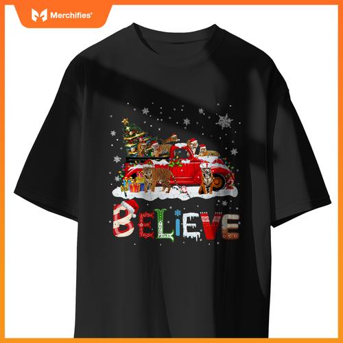 Tiger Riding Red Truck Christmas Tree Believe Santa Pajama T-Shirt