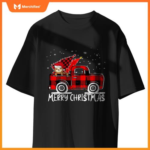 Truck Tree Sloth Buffalo Plaid Christmas Matching T-Shirt
