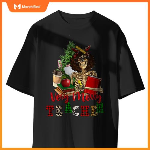 Verry merry teacher skeleton with xmas tree christmas s