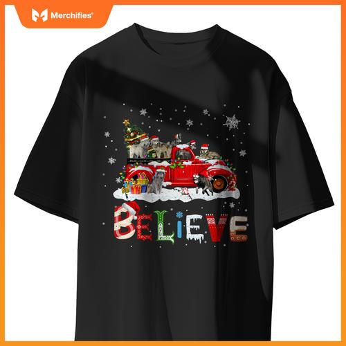 Wolf Riding Red Truck Christmas Tree Believe Santa Pajama T-Shirt