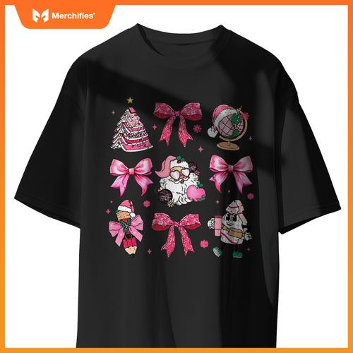 Women pink santa teacher christmas coquette bow pencil santa